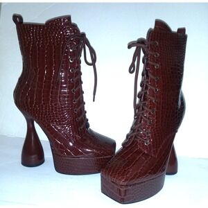 Azalea Wang Enzo Brown Faux Leather Croc Dolls Kill Platform Heel Ankle Boots 10